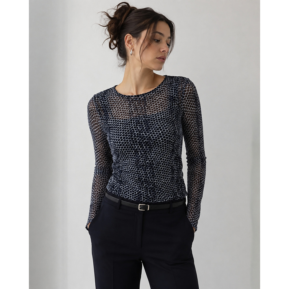 Chico's Navy Polka Dot Mesh Top Size 1 M Sheer Lined Stretch, Y2K, Office Siren